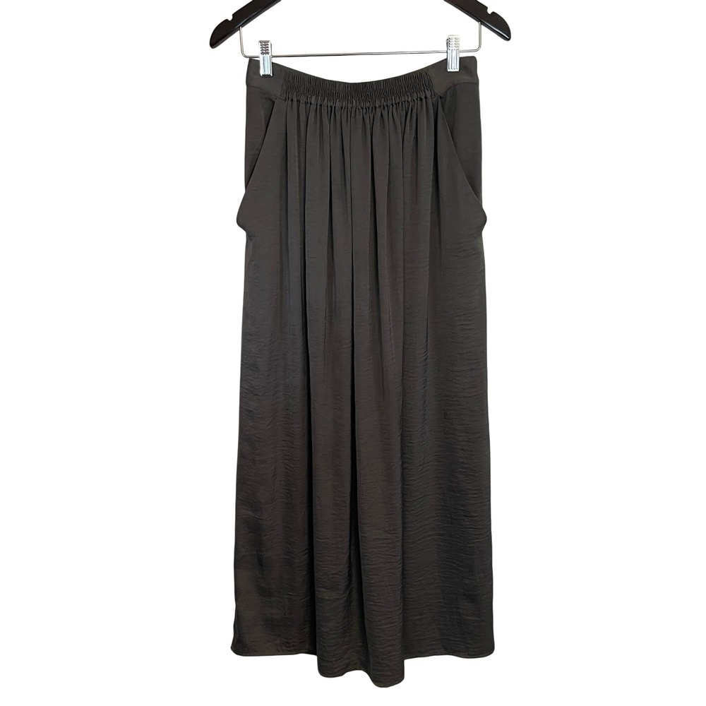 Hoss Intropia Grey Hammered Satin Midi Skirt Elastic Waist Pockets Size 34